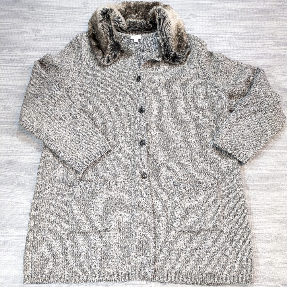 J Jill Women's Tweed Cardigan Sweater Coat Long Cardigan Faux Fur Collar XL - Picture 4 of 12